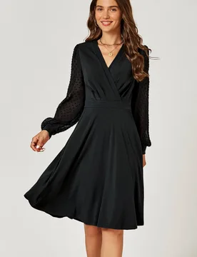 Women's V Neck Midi Dress With Sheer Long Sleeve in Black Size: XS - Black - Size: XS - FS Collection - FashionsVida