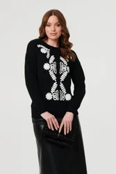 Women's Embroidered Print Drop Shoulder Jumper in Black Size: 12 - Black - Size: 12
