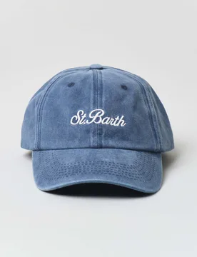 Berretto blu indaco stone washed con frontino e logo bianco ricamato - MC2 SAINT BARTH - FashionsVida