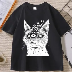 Weirdcore Cat T Shirt Harakuju Creepy Horror Goth Cat T-Shirt Gothic Dark Aesthetic Tshirt Casual Round Neck Cotton Tees