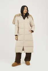 Womens Cream Maxi Padded Jacket With Split Hood - Size 10 Uk