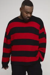 Herren Plus Oversized Boxy Gestreifter Distressed Strickpullover Red Größe 2XL