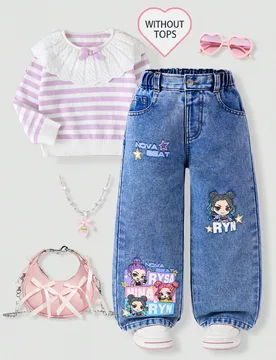 Un par de pantalones vaqueros de pierna ancha con estampado de dibujos animados, de estilo primavera/otoño 2026, para niñas. Pantalones rectos y sue - Shein - FashionsVida