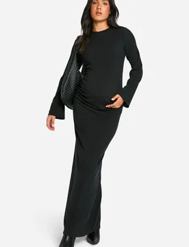 Womens Maternity Rib Round Neck Flared Sleeve Column Maxi Dress - Black - Size 18 Uk - Boohoo - FashionsVida