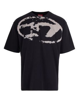 Flocked Logo Neck T-Shirt - Relaxed Fit, Size L