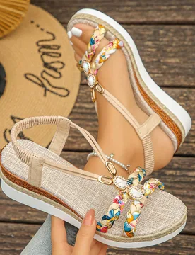 Par de sandalias planas con cuña de suela gruesa y estilo retro tejido con 3 flores para adolescentes - Shein - FashionsVida