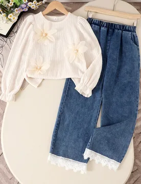 Conjunto de 2 piezas de blusa de manga larga de cuello redondo de gasa color albaricoque y pantalones elegantes con botones de perla y estampado flora - Shein - FashionsVida