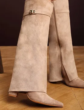 Women's Keira Fold Over Shark Block Heel Point Toe Boots in Camel Size: 5 - Camel - Size: 5 - Where's That From - FashionsVida