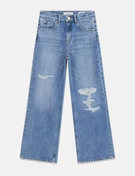 Jeans palazzo lavaggio chiaro in cotone con strappi - Guess - FashionsVida