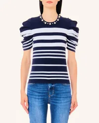 Maglia blu a righe bianche in misto viscosa con maniche a sbuffo e applicazioni lungo lo scollo