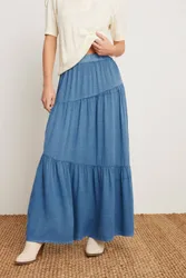 Petite Asymmetric Tiered Maxi Skirt - Blue - Size: 14
