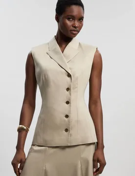 Tailored Linen Corset Back Detail Button Front Waistcoat - Stone - Size: 12 - Karen millen - FashionsVida