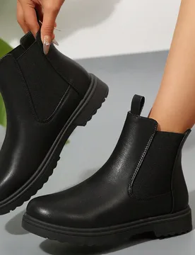 Botas de tobillo Chelsea planas de mujer con puntera redonda, de PU negro, de estilo casual y elegante, con elástico, versátiles para otoño/inviern - Shein - FashionsVida