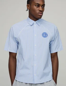 Mens Oversized Boxy Piping Detail Striped Shirt - Blue - Size 4xl - boohooMAN - FashionsVida