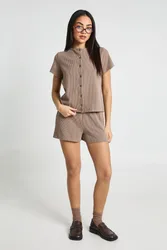 Womens Rib Button Through Short Sleeve Top And Co-Ord - Taupe - Size 14 Uk