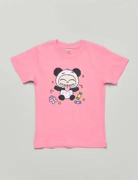 T-shirt rosa in cotone con stampa Labubu panda - Mousse - FashionsVida