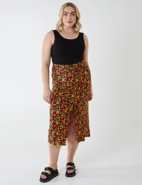 Curve Ruched Front Midi Skirt - 28 / MULTI - female - Blue Vanilla - FashionsVida