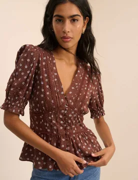 Pure Cotton Floral V-Neck Blouse Brown female - Nobody's Child - FashionsVida