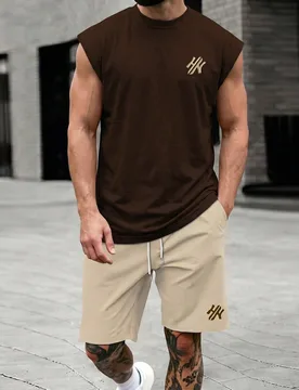 Conjunto de camiseta de tirantes con bordado de letras y pantalones cortos casuales de verano para hombres - Shein - FashionsVida