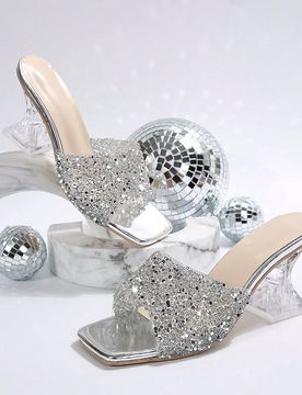 Sandalias de tacón alto con strass plateado y punta cuadrada para mujer, zapatos de vestir para boda, fiesta, verano y exterior