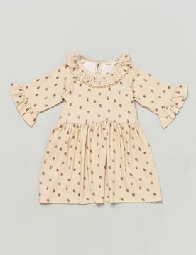 Abito beige in cotone stretch a fantasia floreale malva con maniche a tre quarti e volant 2-7 anni - Lil' Atelier - FashionsVida