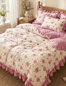 Juego de 2/3 piezas de funda nórdica con volantes, ropa de cama para dormitorio, juego de ropa de cama floral rosa claro, decoración acogedora para - Shein - FashionsVida