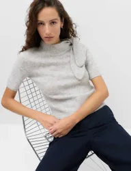 Wool Blend Scarf Neck Tie Knitted Short Sleeve Top Light Grey female