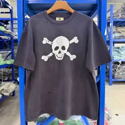 SS Retro Summer Hip-Hop Streetwear Skull Print Design Washed Distressed Short-Sleeve T-Shirt