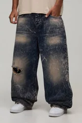 Herren Übergroße Extrem Gewaschene Zerrissene Super Weite Jeans Hosen Für Große Größen Mid Blue Größe 40