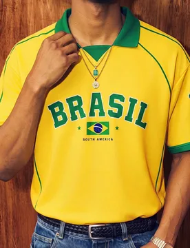Camisa polo clásica vintage del equipo de Brasil con rayas amarillas y verdes, camiseta con estampado del número 10 BRASIL, camiseta gráfica para h - Shein - FashionsVida