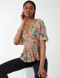Button Front Batwing Peplum Top - 8 / ORANGE - female