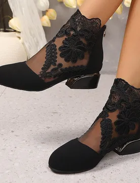 Uso diario de principios de otoño e invierno, citas y viajes, botas de tobillo con estampado floral y encaje para mujer, con cremallera trasera y tac - Shein - FashionsVida