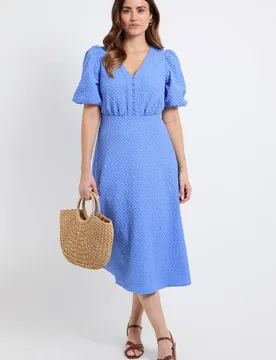 Women's Textured Puff Sleeve Midi Dress in Blue Size: 18 - Blue - Size: 18 - Wallis - FashionsVida