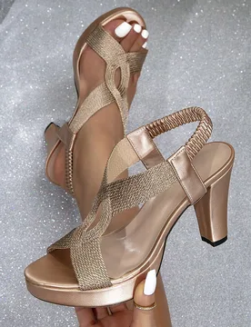 Sandalias de plataforma de tacón alto para mujer, encantador color champán, tiras cruzadas tejidas, correa de tobillo, tacón grueso, suela gruesa, - Shein - FashionsVida