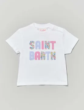 T-shirt bianca con scritta logo ricamata in multi fantasia - MC2 SAINT BARTH - FashionsVida