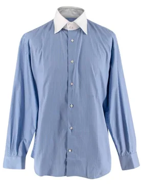 Blue Striped Cotton Long Sleeve Tailored Shirt - Simone Abbarchi - FashionsVida