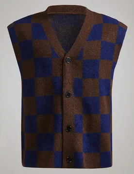 Cárdigan sin mangas con botones y estampado de cuadros texturizado, de corte holgado y versátil para primavera, otoño e invierno, unisex - Shein - FashionsVida