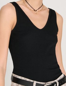Top a costine con scollo a V - nero