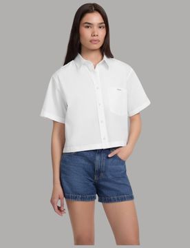 GJ Camicia Bianca Guess Boxy Cropped Cotone con Tasche e Bottoni