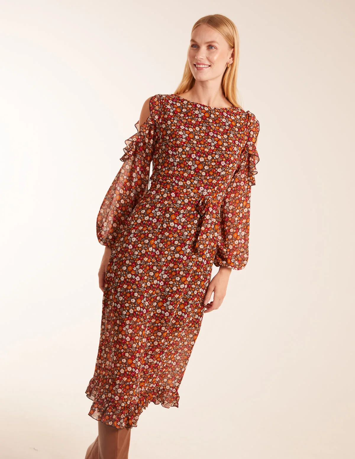 Cold Shoulder Frill Midi Dress - 14 / BROWN PATTERN - female - Blue Vanilla - FashionsVida