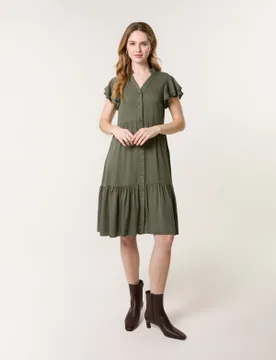 Angel Sleeve Button Front Midi Dress - XL / KHAKI - female - Blue Vanilla - FashionsVida