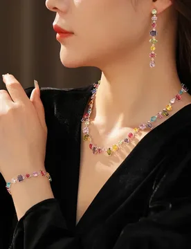 Color Zircon Water Drop Pendant Ear Studs Luxury Sweet Earring Bracelet Fashion Necklace Set for Women Ornament - Aliexpress - FashionsVida