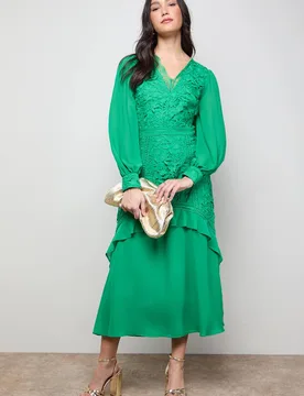 Lace Puff Sleeve V Neck Midaxi Dress - Green - Size: 8 - OASIS - FashionsVida
