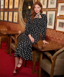 Tie-Neck Polka Dot Midi Dress - Black - Size: 12