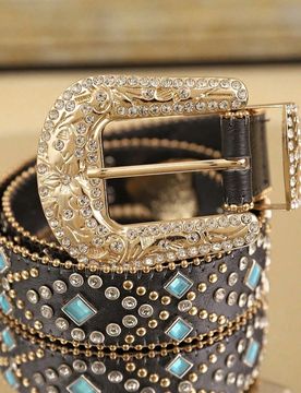 Pieza Cinturón de mujer de PU negro y camel con cadena de cristales, cinturón de estilo bohemio de moda para uso diario en verano, escuela, otoño y