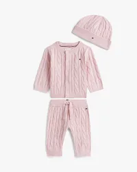 Completo rosa in maglia di cotone a trecce con berretto
