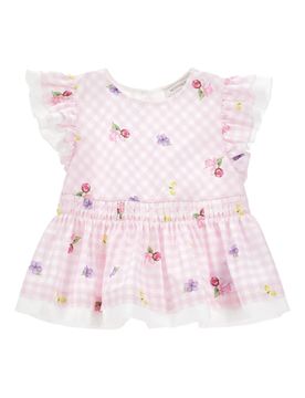 Mini Gingham-Check Floral Print Top with Ruffled Sleeves
