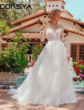 RODDRSYA Elegant Long Sleeves Wedding Dress Lace Applique Backless Bride Gowns Women O-Neck Tulle A-Line Vestidos De Novia - Aliexpress - FashionsVida