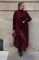 Women's Wool Double Breasted Tailored Midi Coat in Burgundy Size: 10 - Burgundy - Size: 10