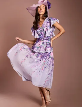 Lisa Tan V Neck Ruffle Shoulder Midi Dress - Lilac - Size: 12 - Coast - FashionsVida